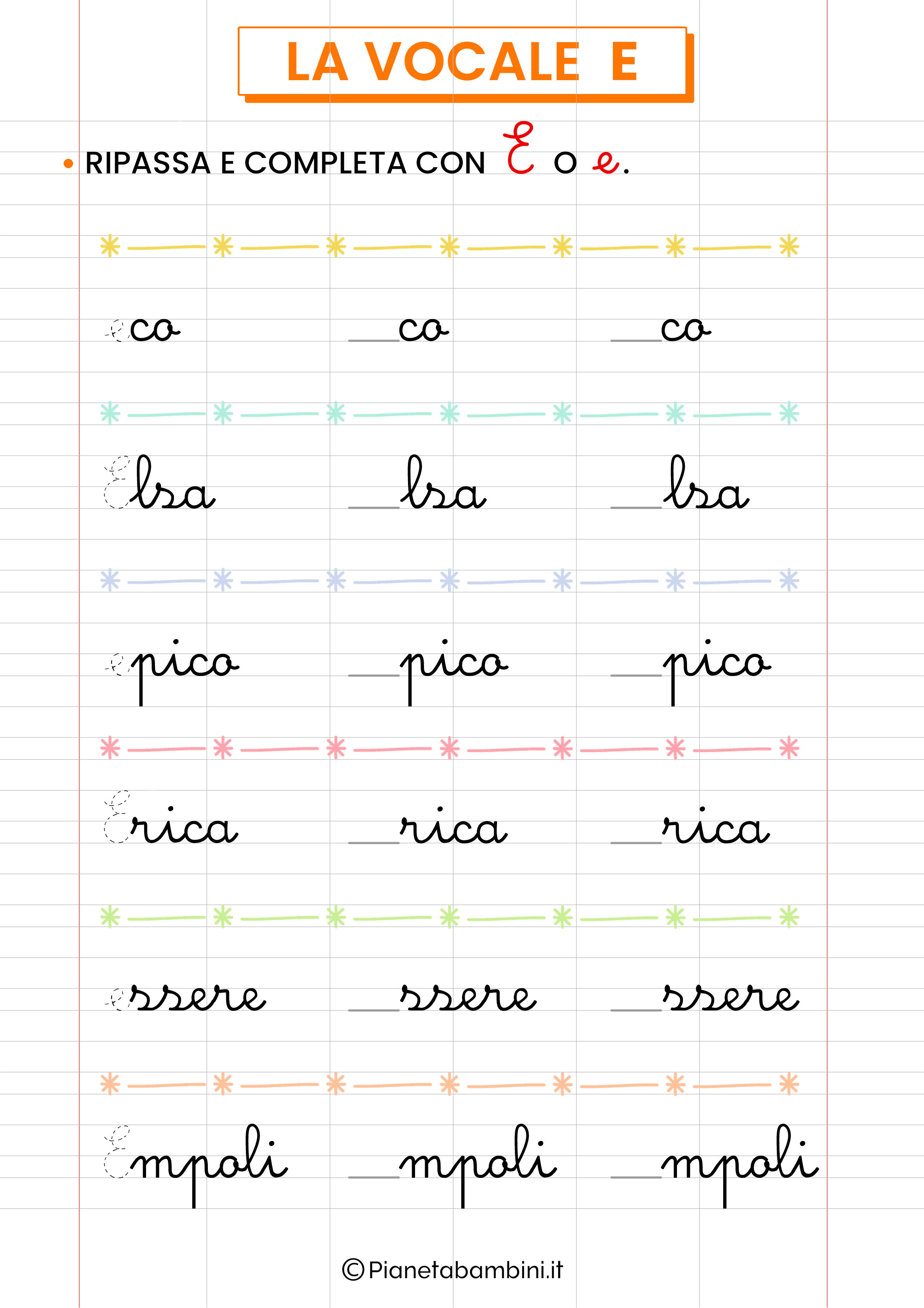 Scheda didattica sulla vocale E in corsivo numero 2