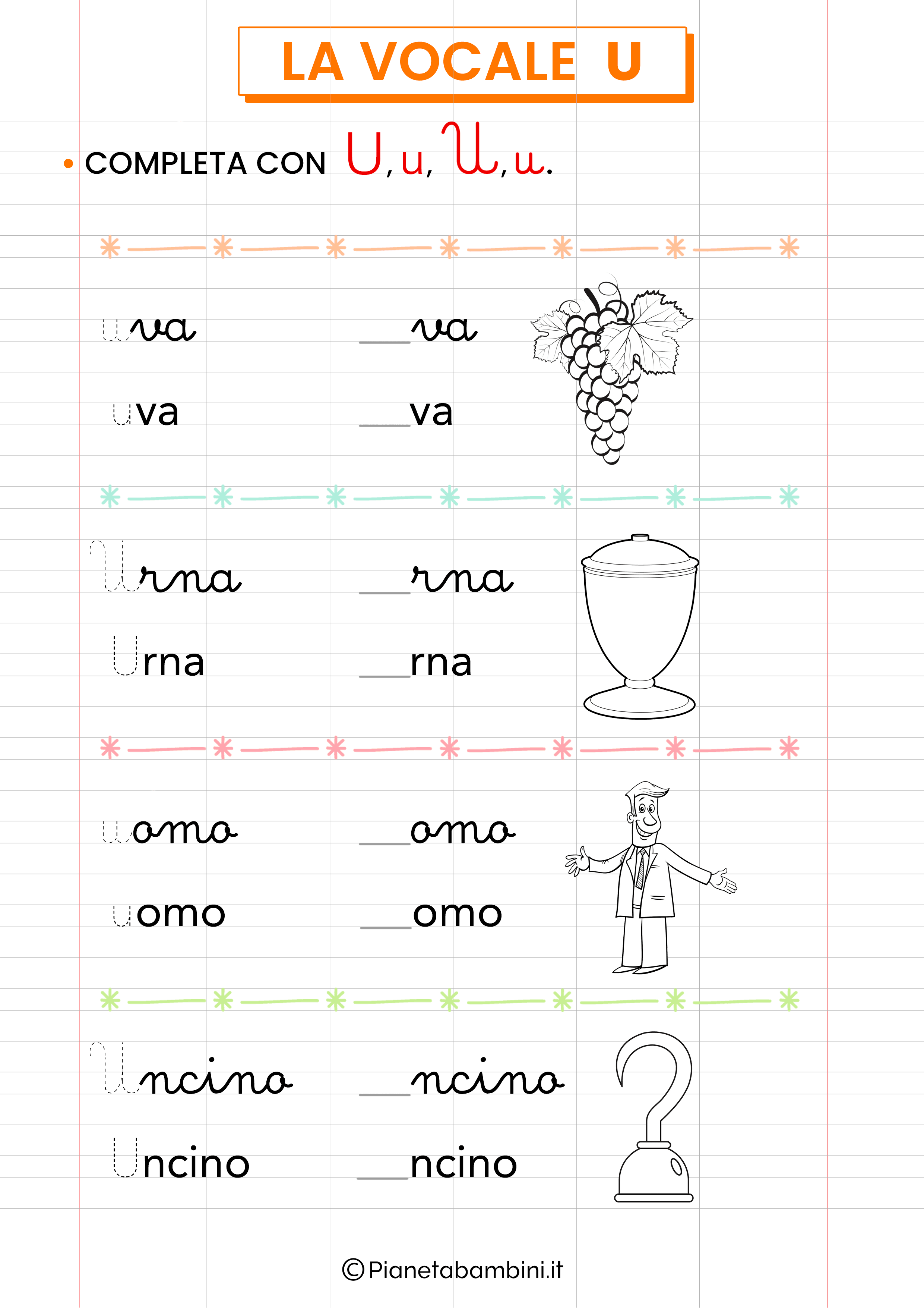 Scheda didattica sulla vocale U in corsivo numero 2