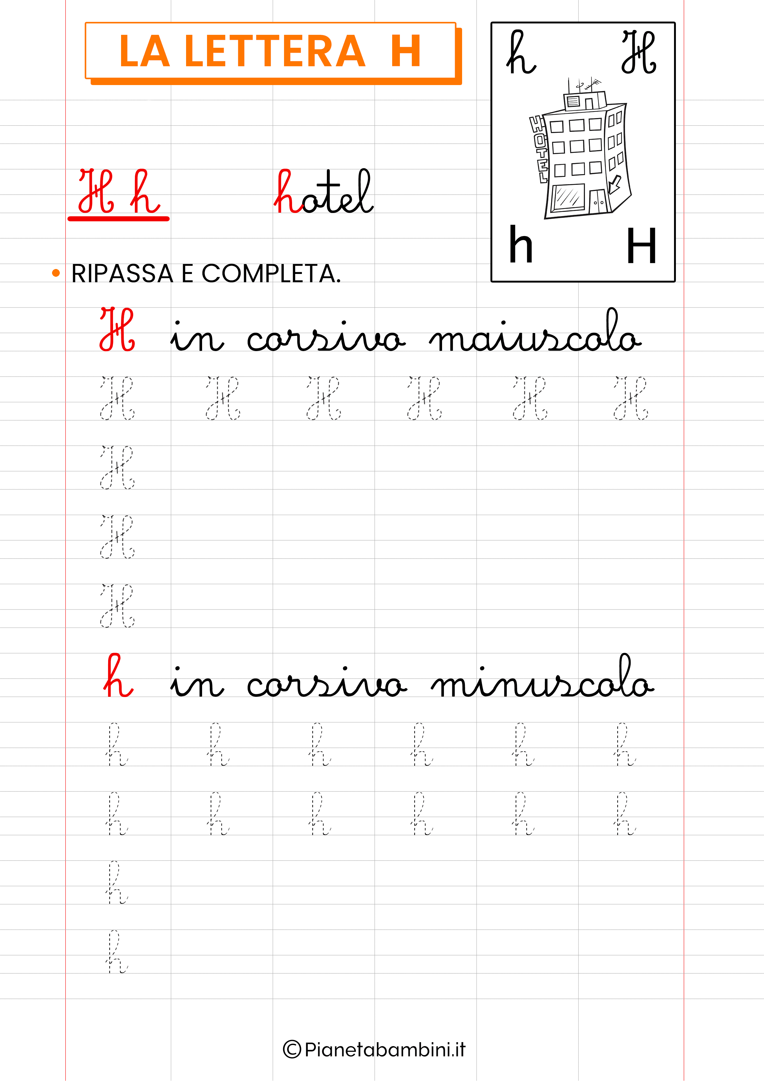 Scheda didattica lettera H corsivo da stampare 1