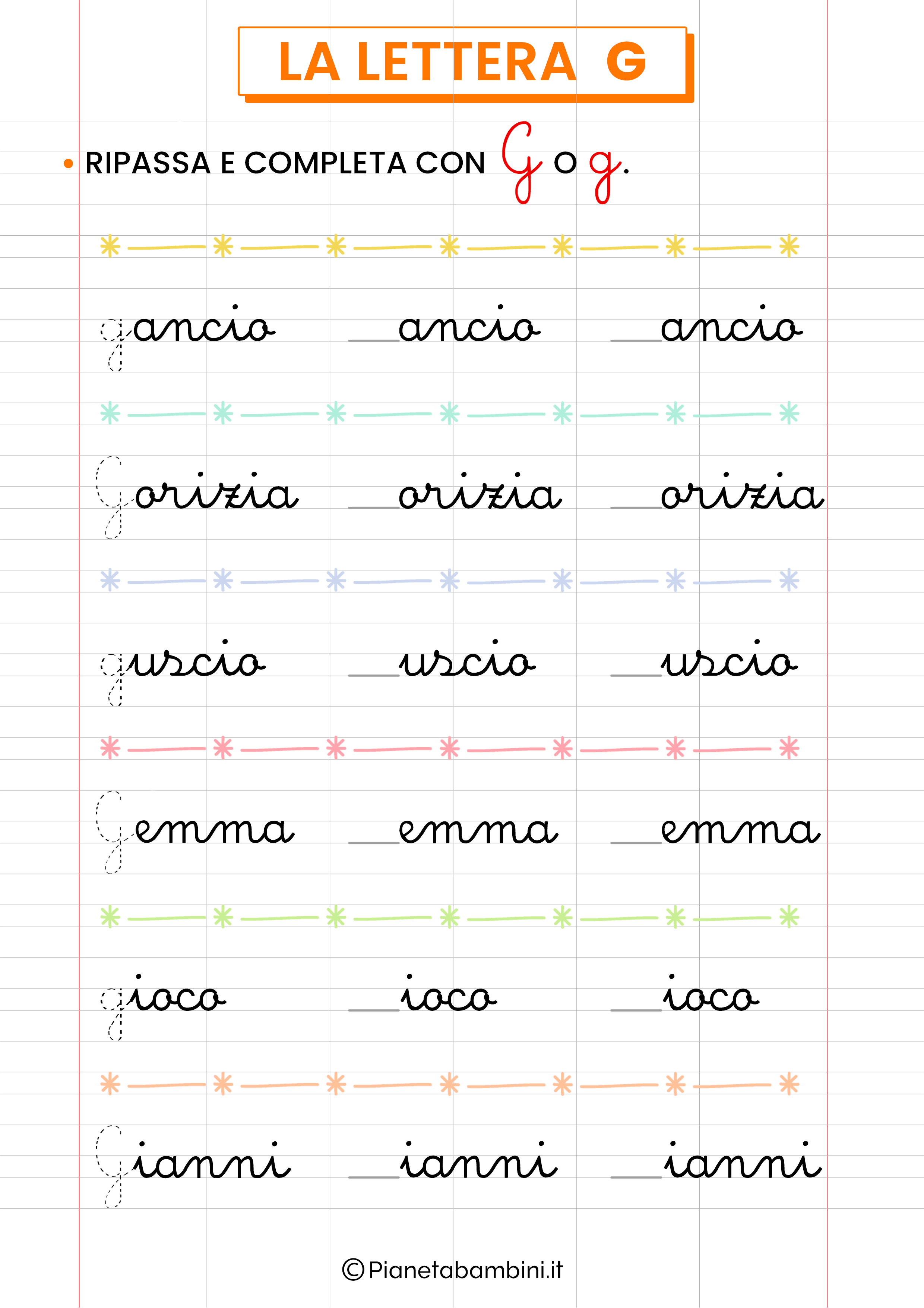 Scheda didattica lettera G corsivo da stampare 2