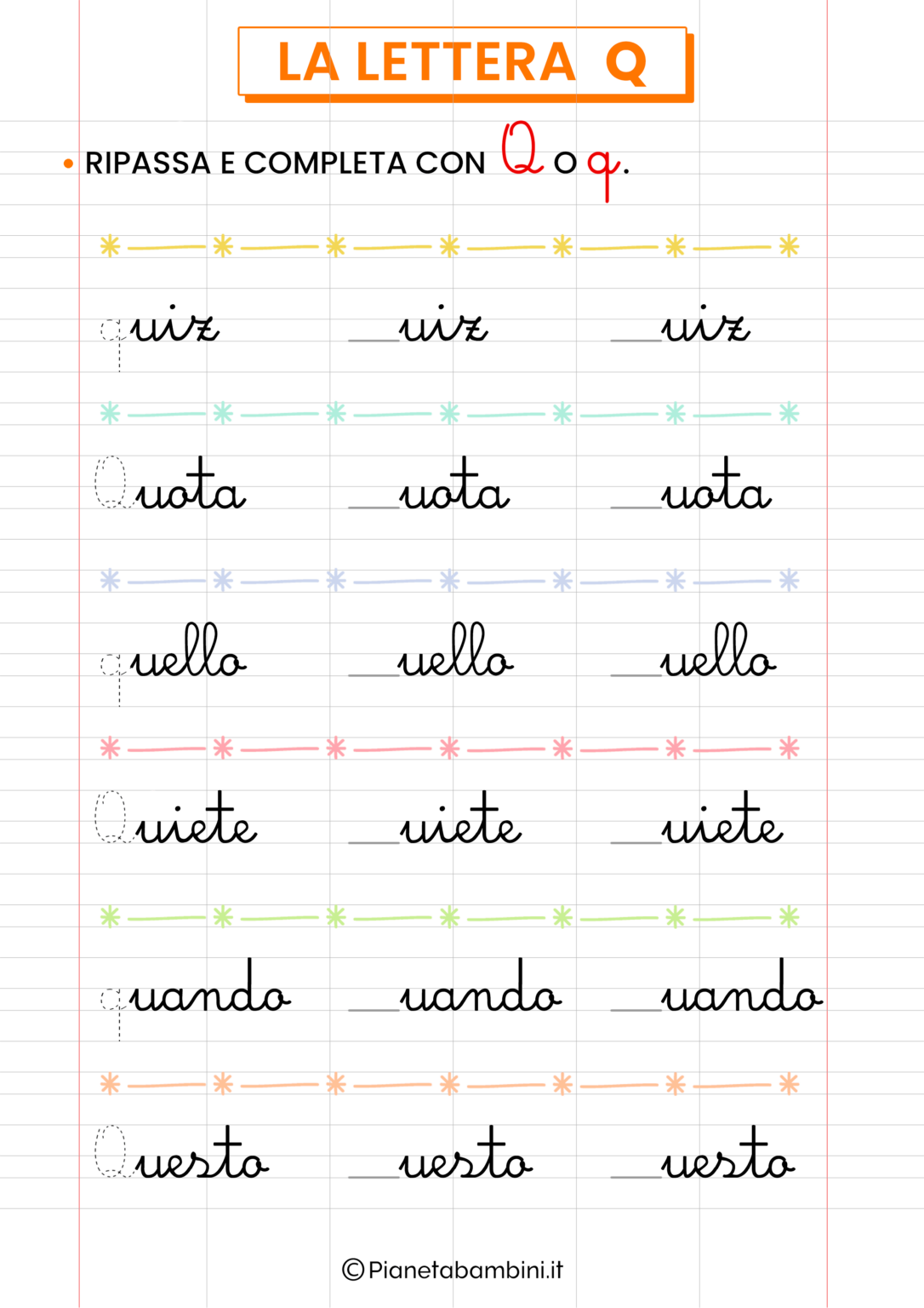 Schede sulla Lettera Q per la Classe Prima