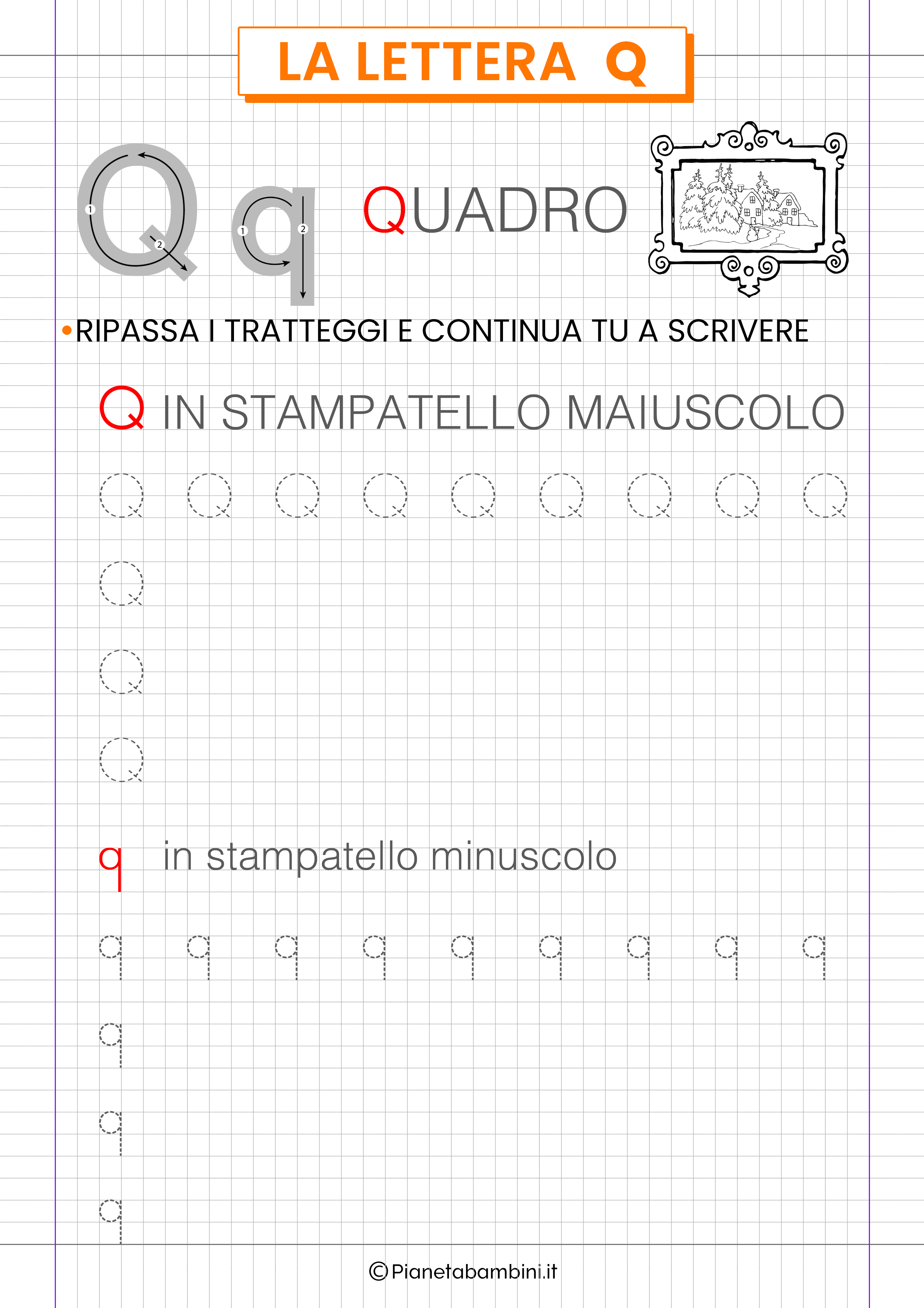 Scheda didattica lettera Q stampatello da stampare 1