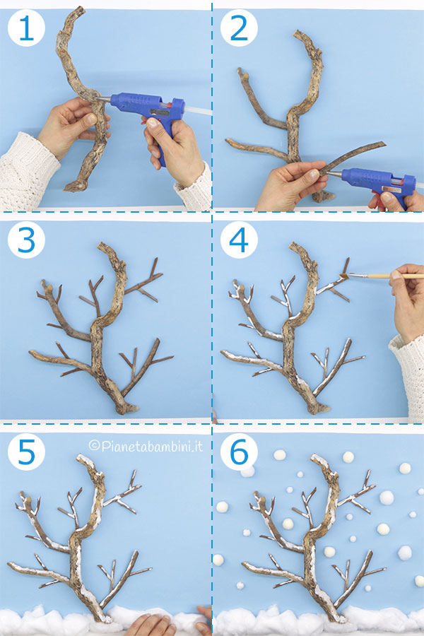 Passaggi per creare l'albero invernale con rametti e pon pon