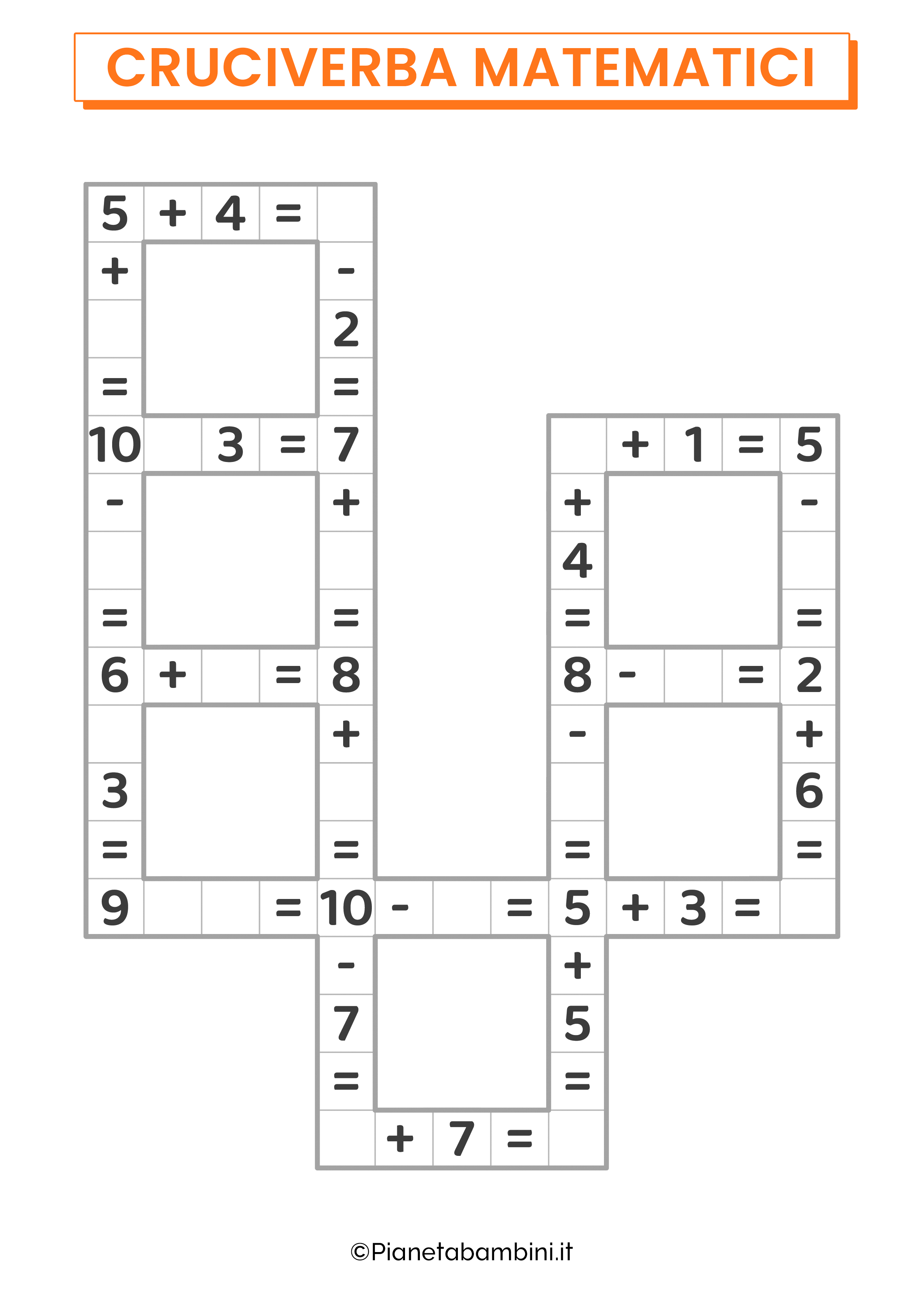 Cruciverba matematico con addizioni e sottrazioni entro il 10 per la classe prima 03