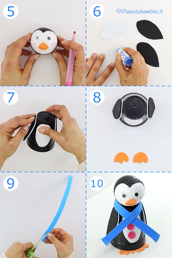 Passaggi per creare i pinguini con bicchieri termici e sfere di polistirolo n.2