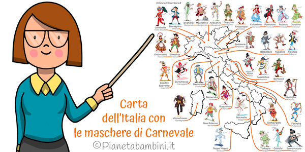 Carta dell'Italia con le maschere di Carnevale tradizionali da stampare