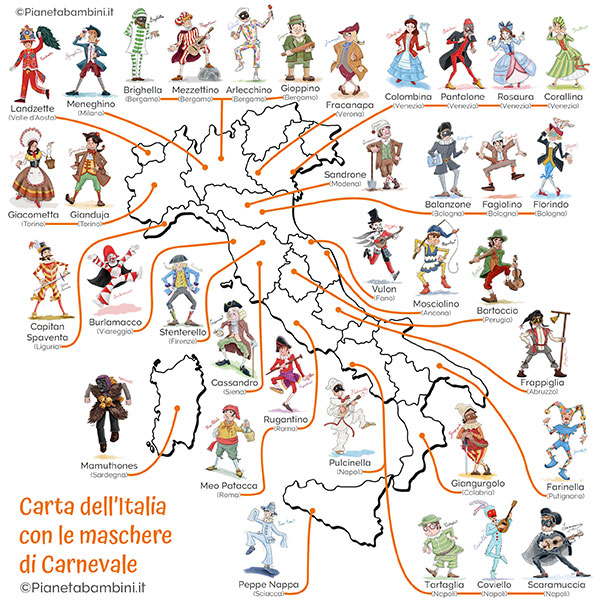 Cartina delle maschere italiane di Carnevale