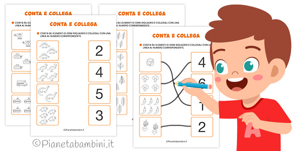 Schede didattiche conta e collega al numero giusto per bambini