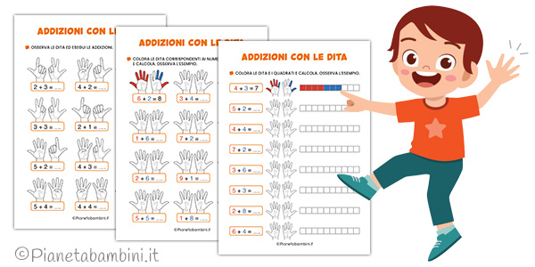 Schede didattiche sulle addizioni con le dita entro il 10 per la classe prima delle Scuola Primaria