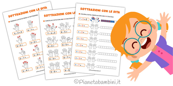 Schede didattiche sulle sottrazioni con le dita per la classe prima della Scuola Primaria