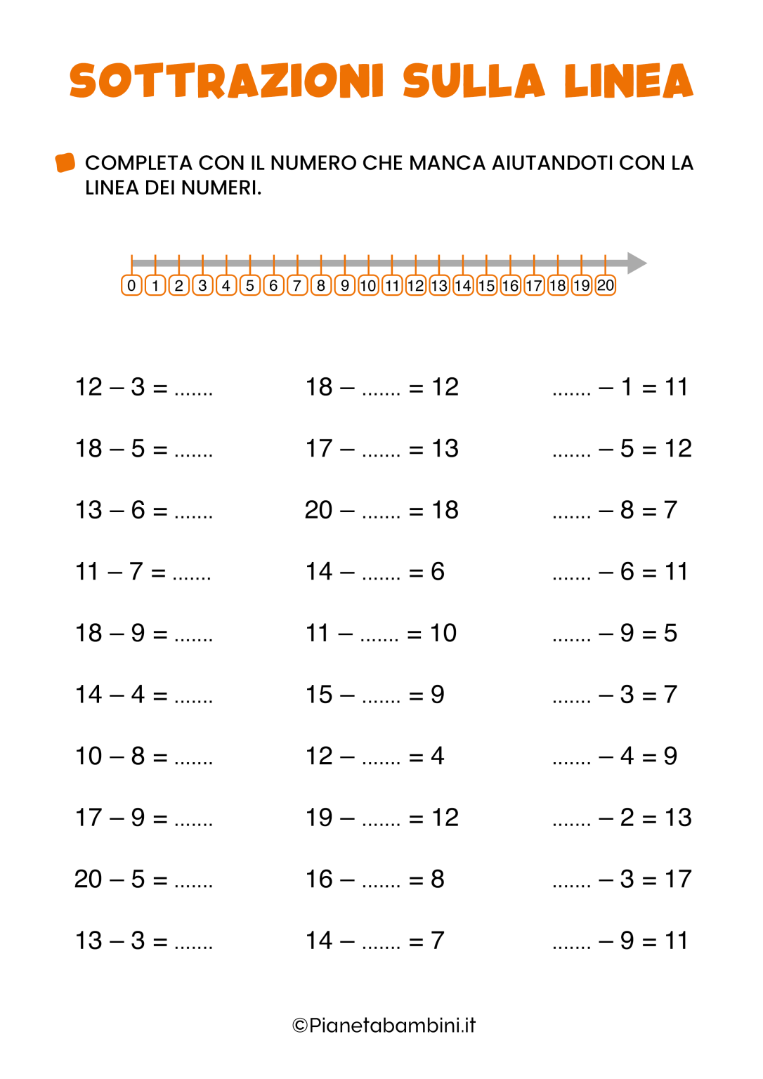 Sottrazioni sulla Linea dei Numeri: Schede per la Classe Prima ...