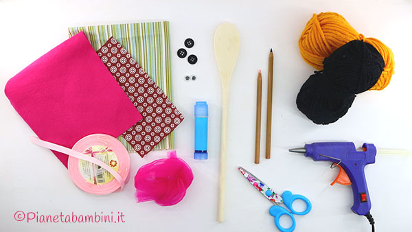 Materiale necessario per creare la mamma con mestolo di legno Occorrente per creare la mamma con mestolo di legno