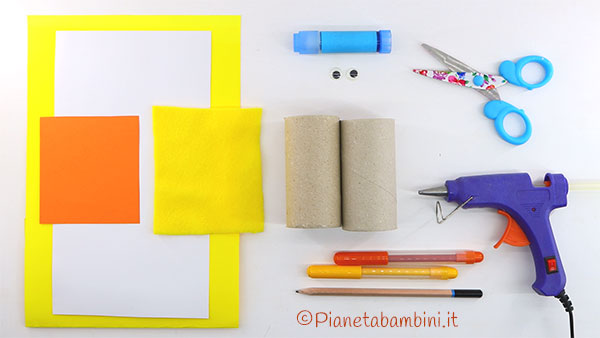 Materiale necessario per creare i pulcini con rotoli di carta Occorrente per creare i pulcini con rotoli di carta