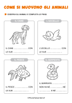 Schede didattiche su come si muovono gli animali per la classe prima nr. 2