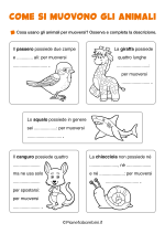 Schede didattiche su come si muovono gli animali per la classe seconda nr. 1