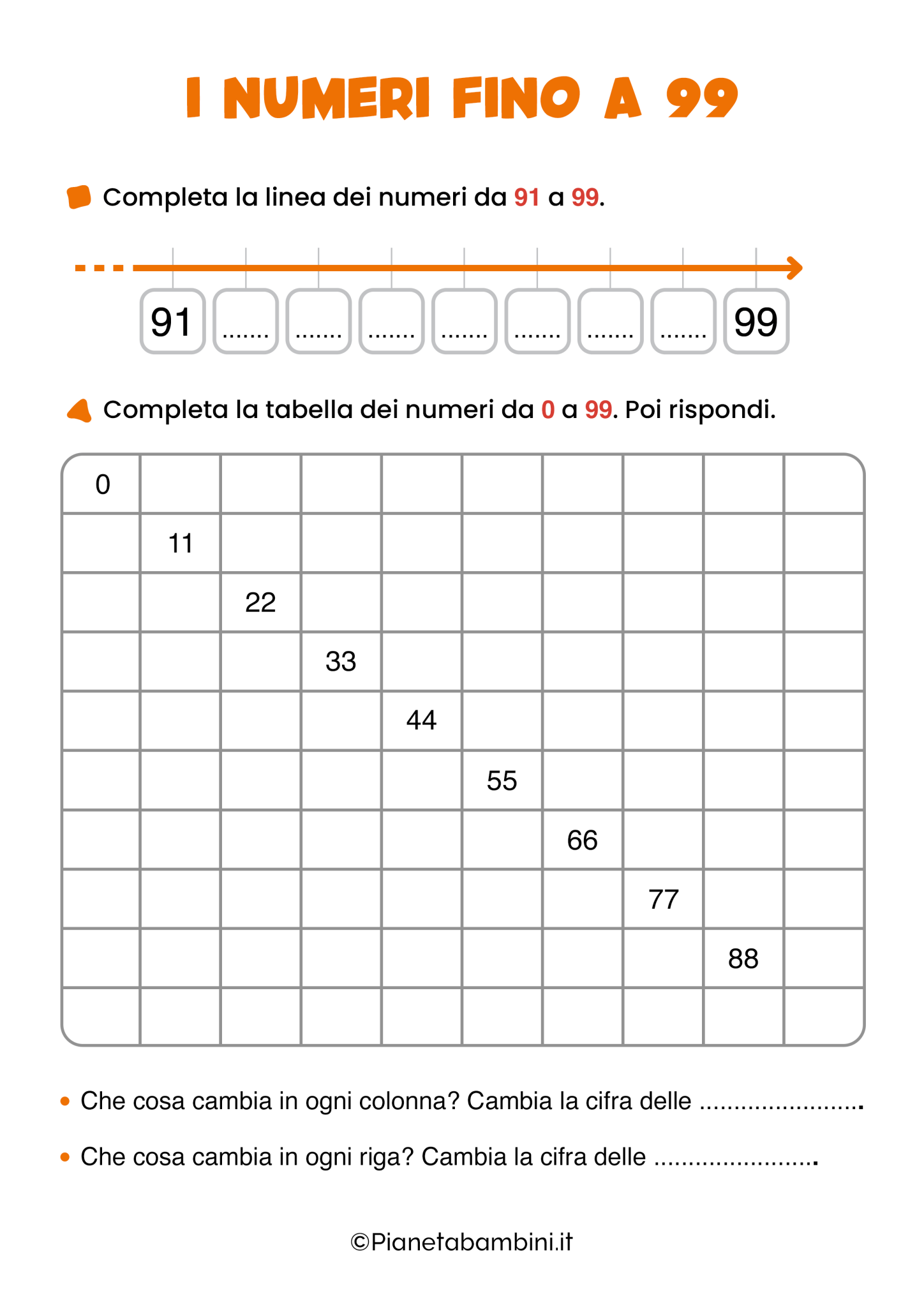 i numeri fino a 99 schede didattiche