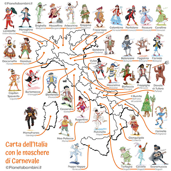 Cartina delle maschere italiane di Carnevale