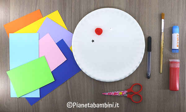 Materiale necessario per il lavoretto del pagliaccio con piatto di carta