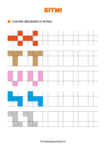 Scheda didattica con ritmi da completare e colorare 9
