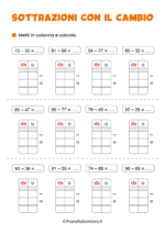Scheda didattica sulle sottrazioni con il cambio a 2 cifre per la classe seconda nr. 3