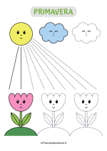 Scheda di pregrafismo con fiori, sole e nuvole