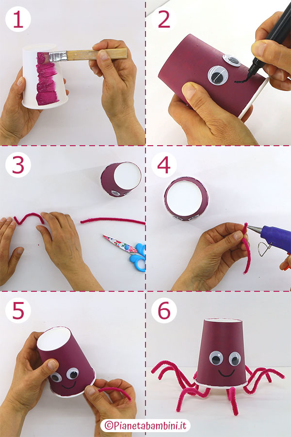 Passaggi per creare i polpi con bicchieri di carta