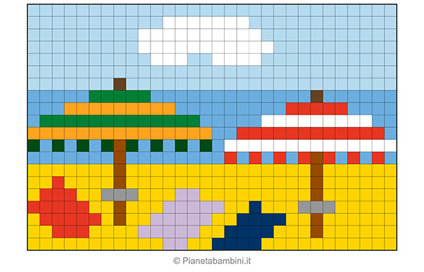 Spiaggia in pixel art con griglia di 20x30