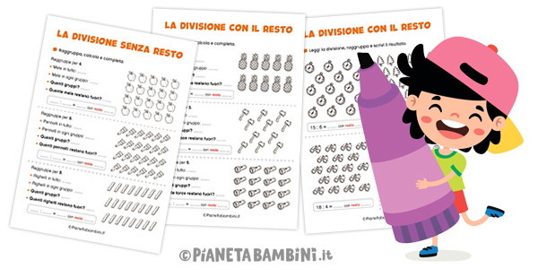 Schede didattiche sulla divisione con e senza resto per la classe seconda della Scuola Primaria