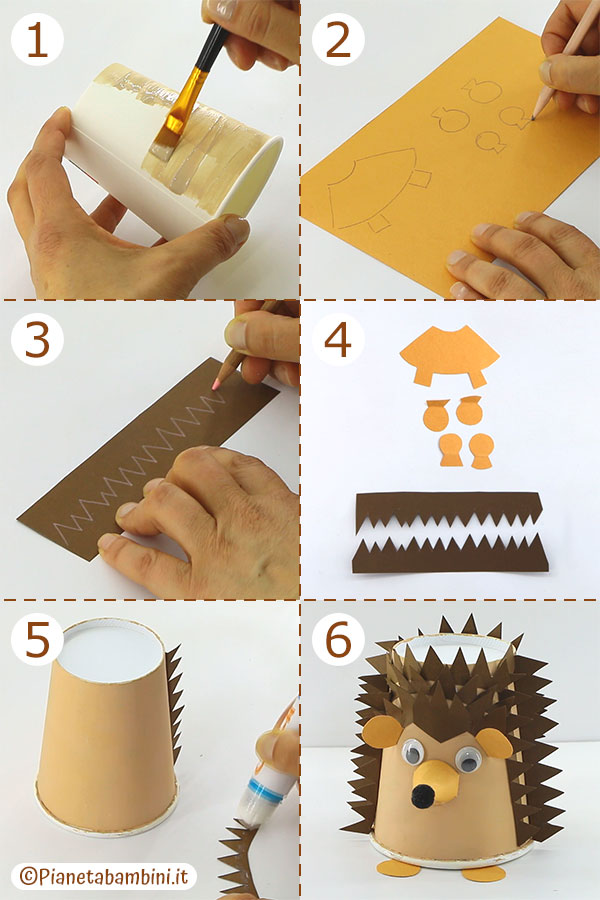 Passaggi per creare il riccio con bicchiere di carta