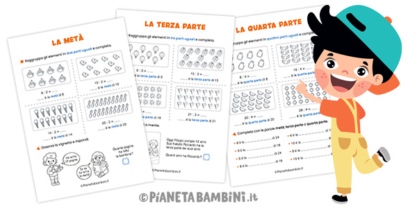 Schede didattiche sulla metà, la terza e la quarta parte per la classe seconda