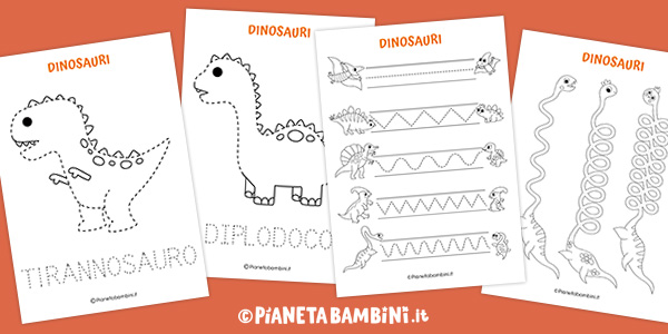 Schede di pregrafismo sui dinosauri da stampare per bambini